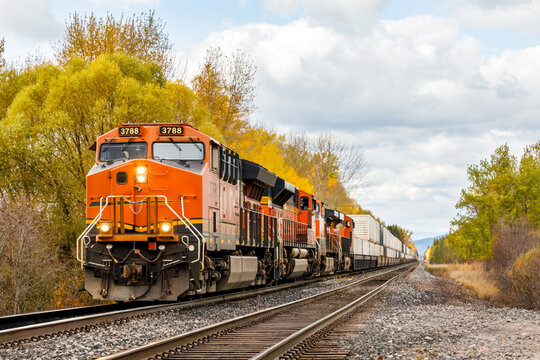 freight train in the autumn countryside in Montana