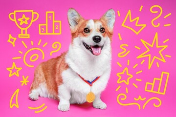 Cheerful corgi wearing a gold medal sits on a vibrant pink background, adorned with fun doodles, perfect for pet-themed celebration designs.