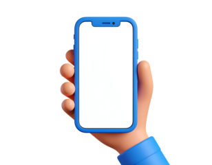 3D cartoon hand holding blue smartphone with blank white screen on isolated black background