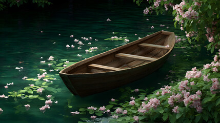 Obraz premium Boat on tranquil Lake: A serene boat floats gently on a calm lake, surrounded by blooming flowers and lush greenery, creating a picturesque scene of peace and natural beauty.