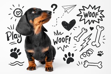 Adorable dachshund puppy sitting and looking up amidst playful sketches of hearts, bones, and paw prints, capturing a whimsical and fun-loving atmosphere.
