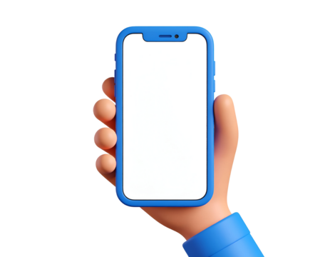 3D cartoon hand holding blue smartphone with blank white screen on isolated black background