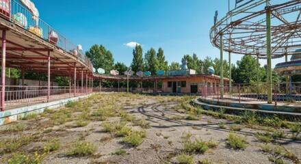Dilapidated amusement park, overgrown vegetation, empty structures, under blue sky