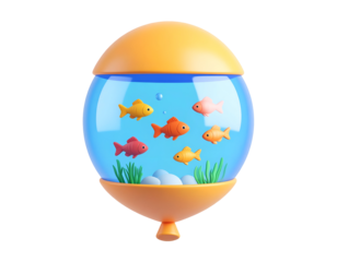 3D render of a stylized fishbowl shaped like a hot air balloon, featuring vibrant goldfish, aquatic plants, and pebbles against a black background.