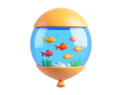3D render of a stylized fishbowl shaped like a hot air balloon, featuring vibrant goldfish, aquatic plants, and pebbles against a black background.