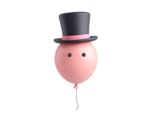 Pink balloon character with black top hat and pink ribbon on a black background