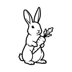 Obraz premium Charming Rabbit Illustration Holding a Carrot Black and White Outline.