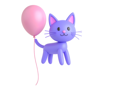 Cute 3D Cartoon Purple Cat Holding Pink Balloon