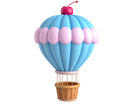 3D rendered whimsical blue and pink hot air balloon with a red cherry topping.