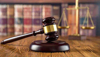 A wooden gavel resting on a sound block in a courtroom, symbolizing law, authority, and justice.