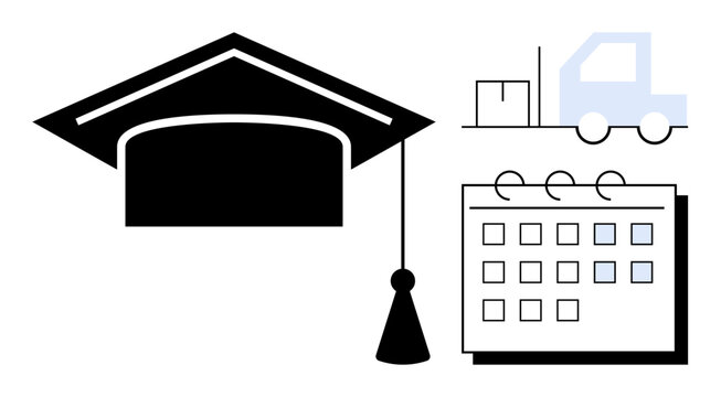 Graduation cap for education, delivery truck for logistics, and calendar for scheduling. Ideal for education, planning, logistics, achievement, goal-setting time management career growth. Simple