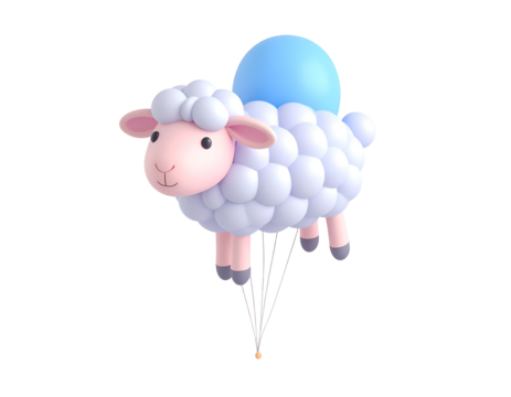 Cute 3D illustration of a white and pink sheep character floating with a blue balloon, isolated on black background. - Powered by Adobe