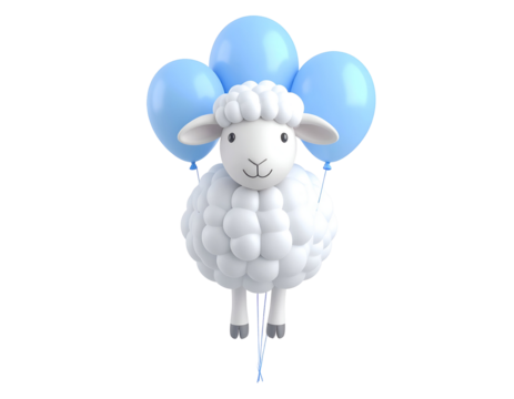 3D Cartoon White Sheep Floating with Blue Balloons Isolated on Black Background - Powered by Adobe
