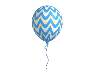 Single Blue, White, and Yellow Zigzag Patterned Balloon with String Isolated on Black Background