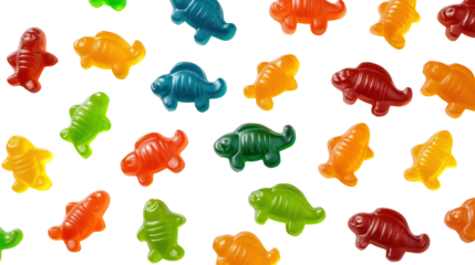 Assortment of colorful gummy dinosaur candies isolated on transparent background