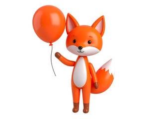 Obraz premium Cute 3D Fox Character Holding Orange Balloon Isolated on Black Background