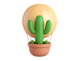 3D render of a cute cartoon cactus in a terracotta pot carried by a hot air balloon against a black background