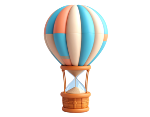 3D Hot Air Balloon with Hourglass in Basket for Time Management, Journey, and Exploration Concept