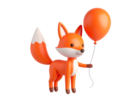 Cheerful 3D Cartoon Fox Character Holding a Vibrant Orange Balloon