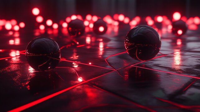Futuristic dark spheres glow with vibrant red energy lines on a wet, reflective surface creating a sense of intense digital connection and mystery - Powered by Adobe