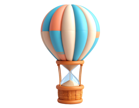3D Hot Air Balloon with Hourglass in Basket for Time Management, Journey, and Exploration Concept