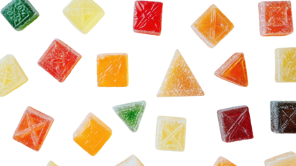 Assorted colorful hard candies in various geometric shapes isolated on transparent background