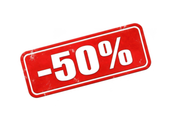 Red rectangular sign with fifty percent discount isolated on transparent background