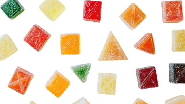 Assorted colorful hard candies in various geometric shapes isolated on transparent background