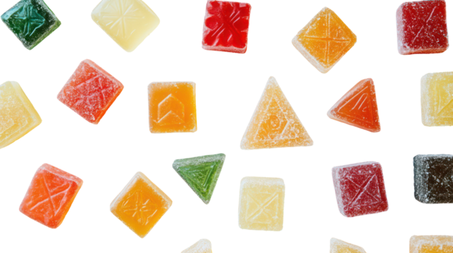 Assortment of colorful fruit jellies isolated on transparent background