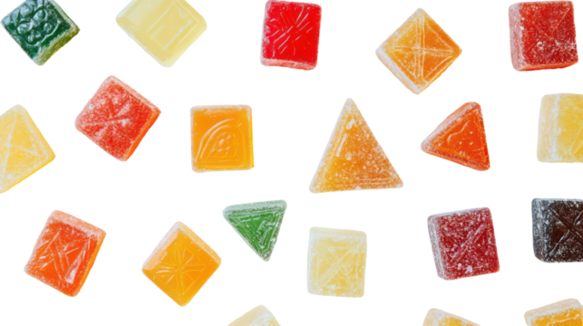 Assortment of colorful diamond and triangular shaped fruit jellies isolated on transparent background