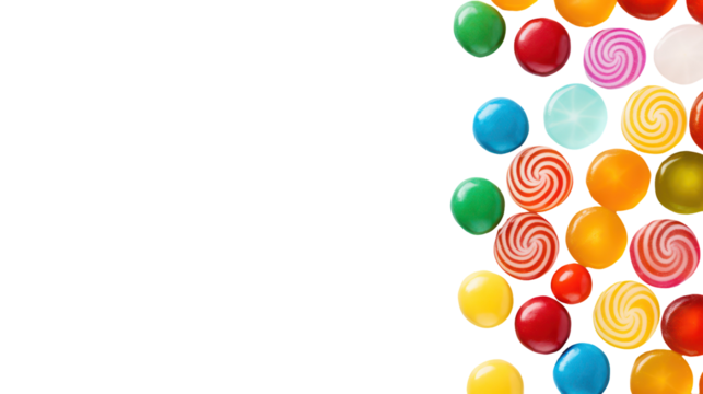 Colorful swirl lollipops and round candies isolated on transparent background