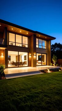 Contemporary two story house with large windows overlooking illuminated backyard at dusk providing a peaceful atmosphere