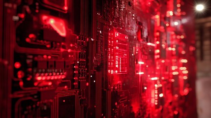 Gleaming futuristic circuit board with vibrant red LEDs glows with advanced technology and data flow, perfect for innovation and digital concepts.