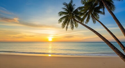 Tropical Beach Sunset with Palm Trees and Ocean Waves – Realistic Coastal Landscape Photography