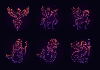 Mythical Creatures Neon Outline Collection Phoenix, Unicorn, Mermaid, Dragon