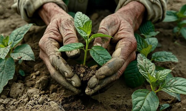 A visually appealing moment of elderly farmers weathered hands nurturing a young plant sprout inspired by.