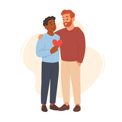 couple sharing affection, black and white male partners displaying love and support in warm setting. LGBTQ