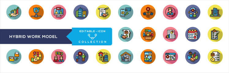 Hybrid Work System  Icon Collection. project workflow, customer support, team collaboration, office building, home workspace