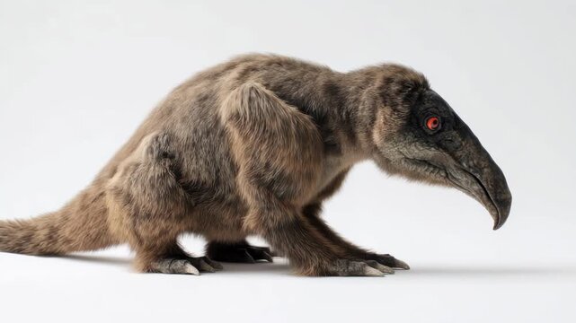 Realistic sci-fi creature design of a fur covered alien animal with long nose, on a white background.