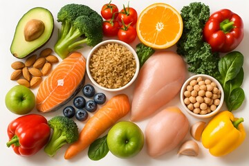 Colorful Healthy Food Spread Featuring Salmon, Chicken, Quinoa, Avocado, Greens, And Fresh Fruits For Nutrition And Wellness