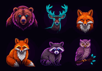 Glowing Wildlife Neon Animal Portraits on Dark Background