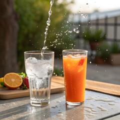 Two Glasses Of Refreshing Summer Drinks: Citrus Orange Juice And Cold Water Splashing Outdoors