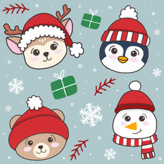 Adorable winter friends christmas seamless pattern with reindeer penguins bears and snowmen