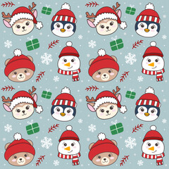 Adorable winter friends christmas seamless pattern with reindeer penguins bears and snowmen