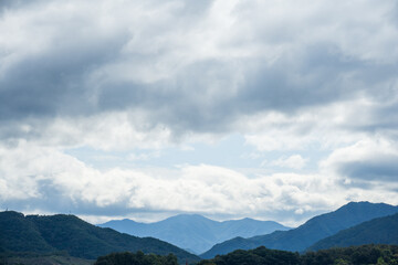 Layered mountain landscape under cloudy sky