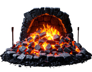 Traditional Blacksmith's Forge with Glowing Embers and Flames in Stone Arch