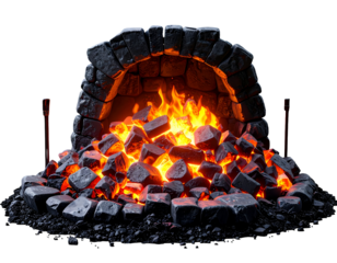 Traditional Blacksmith's Forge with Glowing Embers and Flames in Stone Arch