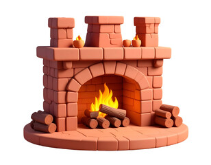 3D Render of a Cartoon Brick Fireplace with Warm Burning Fire, Wood Logs, and Mantelpiece Candles, Isolated on Black