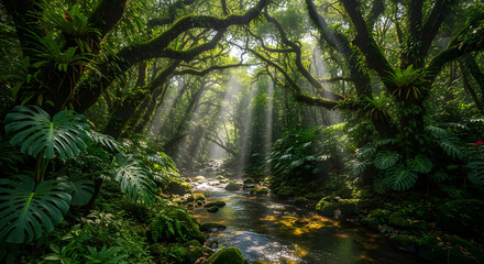 Fototapeta premium Sunlit Tropical Rainforest with Stream and Dense Green Canopy