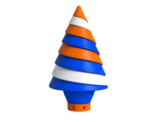 Abstract Christmas tree made from stacked orange, white, and blue conical sections on a black background.